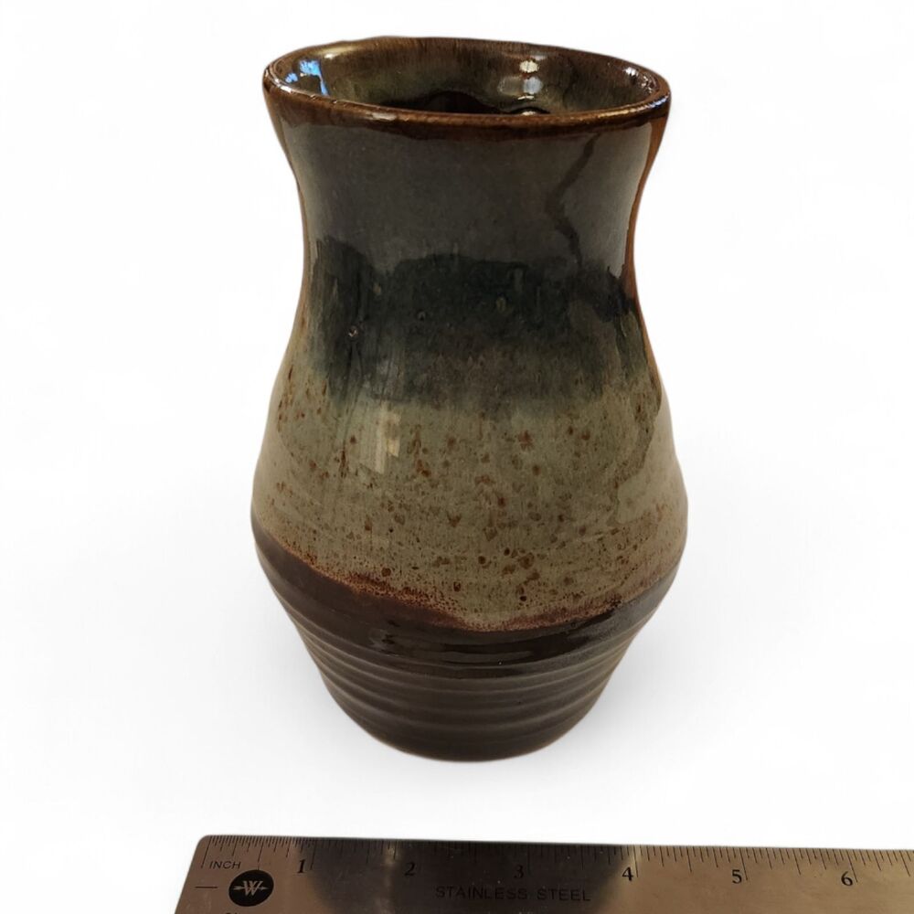 Signed Stoneware Pottery Vase Brown Tan Drip Glaze Handmade Artisan 6.5"